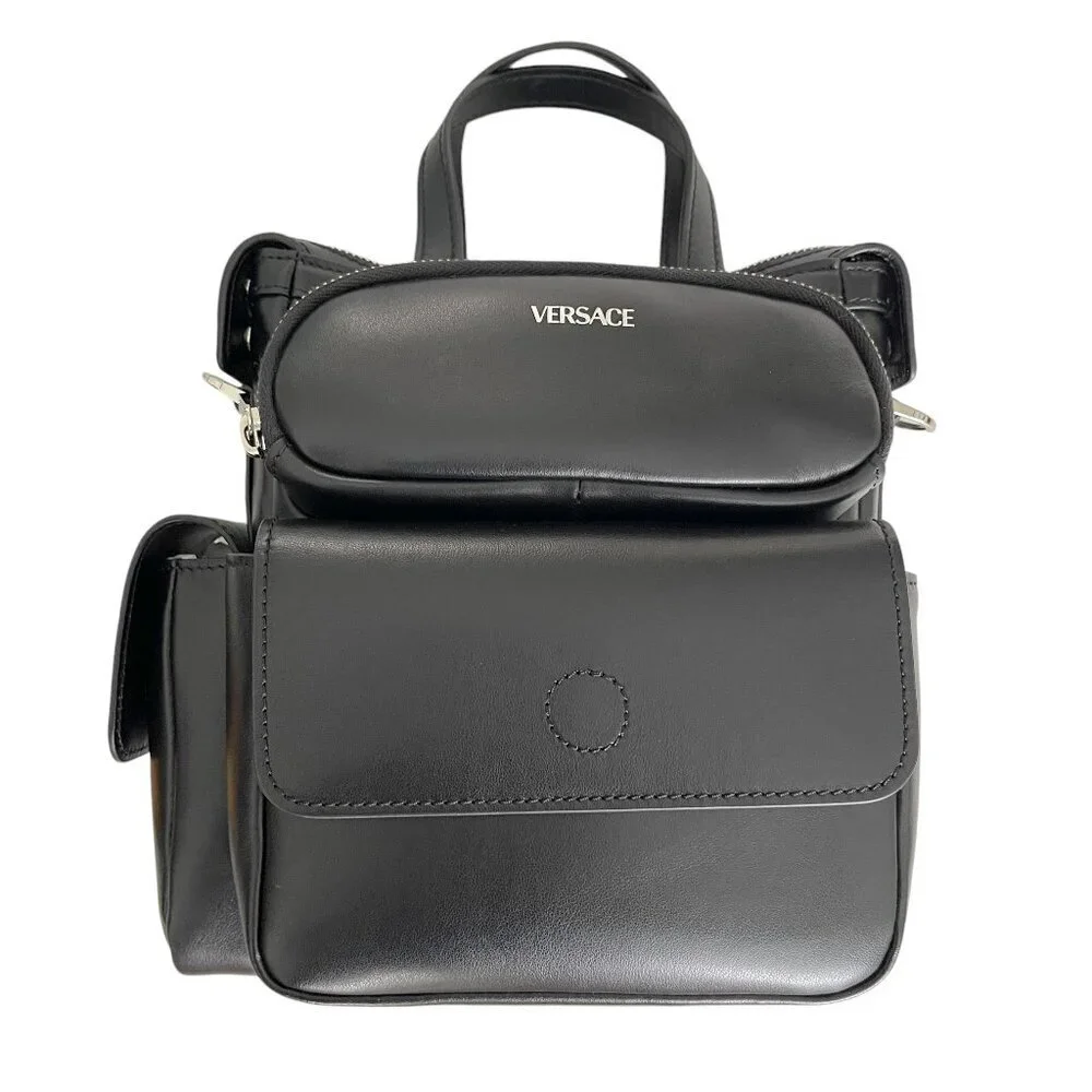Versace Black Men's Leather multi-compartment messenger shoulder bag‎ 1012234